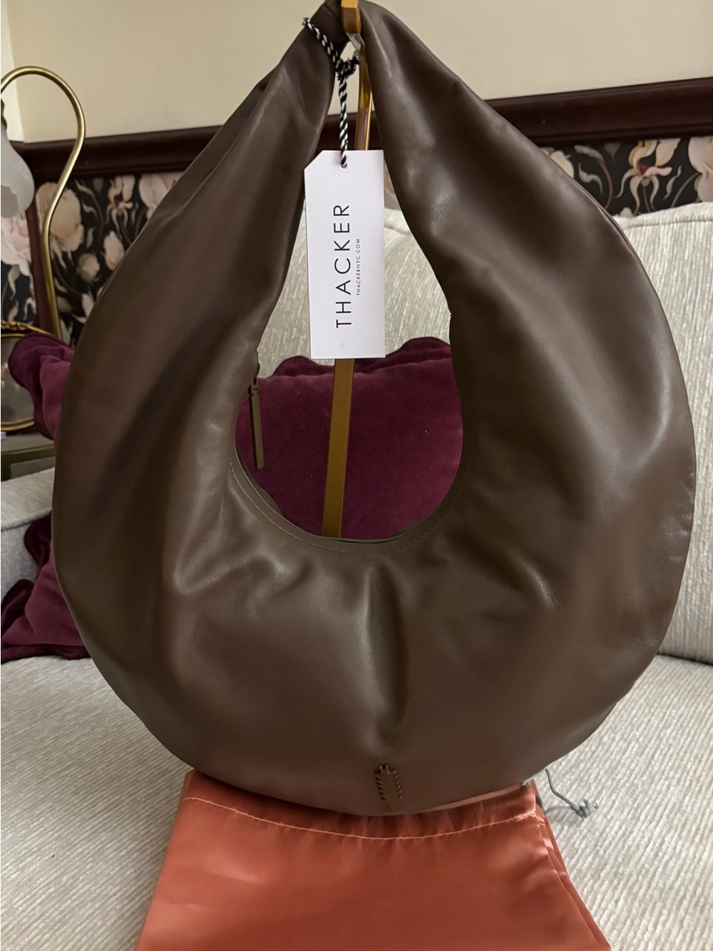 Thacker Ceil Leather Hobo Bag Mushroom Brown Oversized Crescent NWT